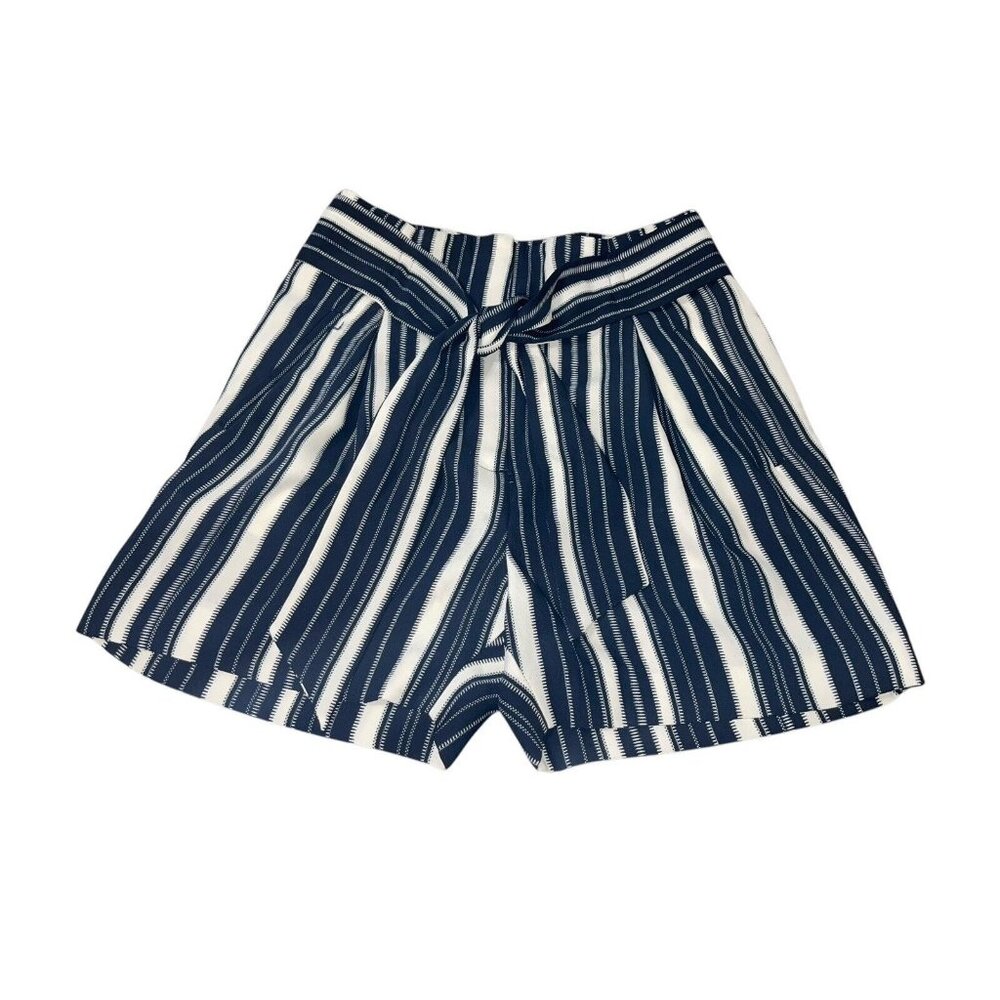 H&M Women's Size 2 Vertical Striped Shorts Navy White Fabric Attached Belt